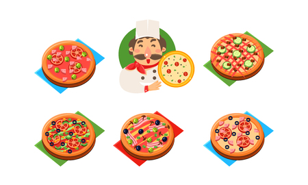 Collection of whole pizza with different ingredients, cheerful chef with pizza, pizzeria, restaurant, bakery shop, cafe design template vector Illustration isolated on a white background.のイラスト素材
