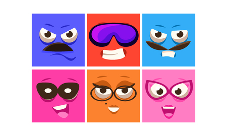Colorful square faces with different emotions set, funny emoji, emoticons vector Illustration isolated on a white background.のイラスト素材