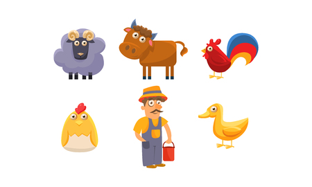 Cute farm animals and male farmer, ram, sheep, horse, rooster, chicken, duckling vector Illustration isolated on a white background.のイラスト素材