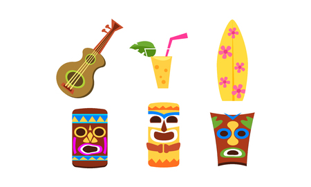 Hawaiian symbols set, summer vacation, summertime, beach holidays vector Illustration isolated on a white background.のイラスト素材