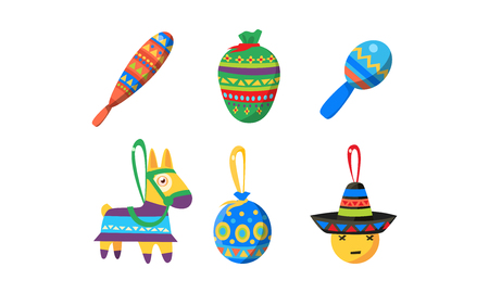 Mexican Cinco De Mayo holiday elements set, Birthday pinata vector Illustration isolated on a white background.のイラスト素材