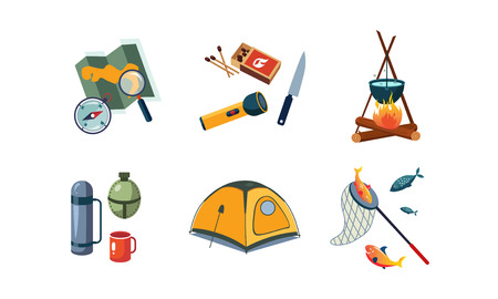 Fishing and camping icons set, map, compass, flashlight, tent, cauldron, box of matches, knife, bottle, box, flask, mug vector Illustrationのイラスト素材