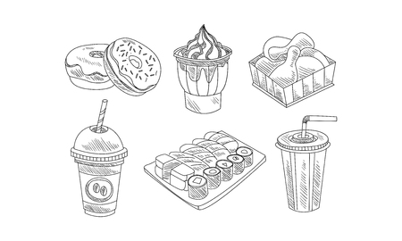 Set of fast food and beverages icons in sketch style. Sweet donuts and ice-cream, chicken legs and sushi, coffee and milk cocktail. Hand drawn elements for cafe menu. Isolated vector illustrations.のイラスト素材