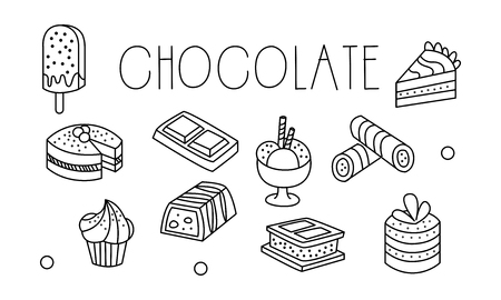 Set of chocolate desserts in sketch style. Ice-cream, cakes and cupcakes, candy and sandwich cookie. Sweet food. Graphic elements for cafeteria menu or confectionery store. Hand drawn vector icons.のイラスト素材