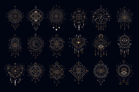 Dreams traps set, traditional American Indian dream catcher vector Illustrations on a black background.のイラスト素材