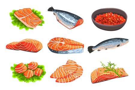 Fresh salmon fish set, fillet, steak and caviar, seafood product vector Illustrations isolated on a white background.のイラスト素材