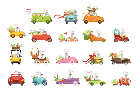 Cute little bunnies driving vintage car with colored eggs set, funny rabbit characters, Happy Easter concept cartoon vector Illustrations on a white backgroundのイラスト素材