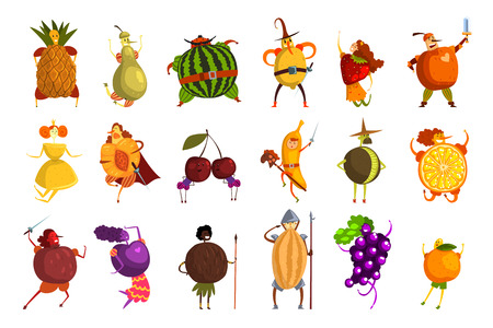 Funny fruits cartoon characters set, people in fruit costumes vector Illustrations on a white backgroundのイラスト素材