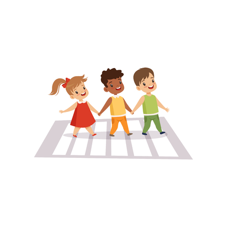 Children Using Cross Walk to Cross Street, Traffic Education, Rules, Safety of Kids in Traffic Vector Illustration on White Background.のイラスト素材