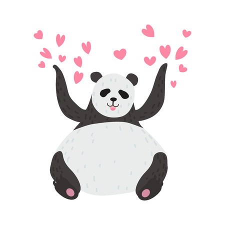 Happy Cute Panda Bear Panda Surrounded by Pink Hearts, Lovely Animal Character Vector Illustration on White Background.のイラスト素材