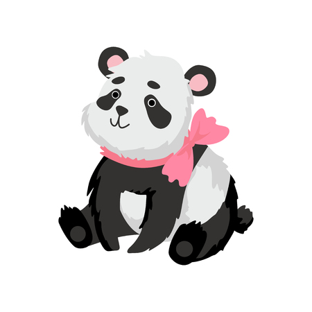 Cute Baby Panda Bear with Pink Bow on his Neck, Happy Lovely Animal Character Vector Illustration on White Background.のイラスト素材