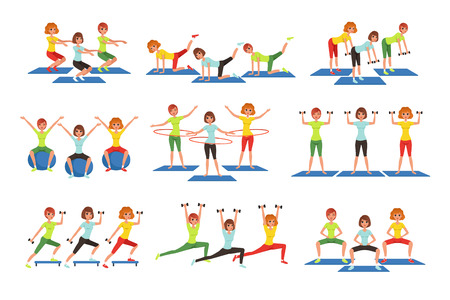 Set of people working out in gym or fitness center. Young girls and guys doing exercises. Physical activity. Healthy lifestyle. Men and women in sportswear. Flat vector illustration isolated on white.のイラスト素材