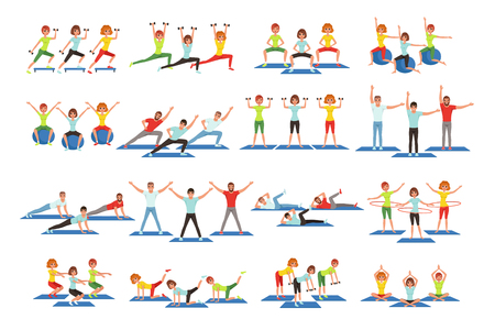 Set of people working out in gym or fitness center. Young girls and guys doing exercises. Physical activity. Healthy lifestyle. Men and women in sportswear. Flat vector illustration isolated on white.のイラスト素材