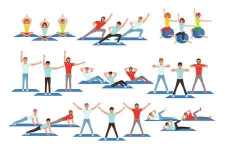 Set of people working out in gym or fitness center. Young girls and guys doing exercises. Physical activity. Healthy lifestyle. Men and women in sportswear. Flat vector illustration isolated on white.のイラスト素材