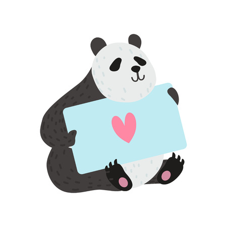 Cute Panda Bear Holding Greeting Card, Happy Lovely Animal Character Vector Illustration on White Background.のイラスト素材