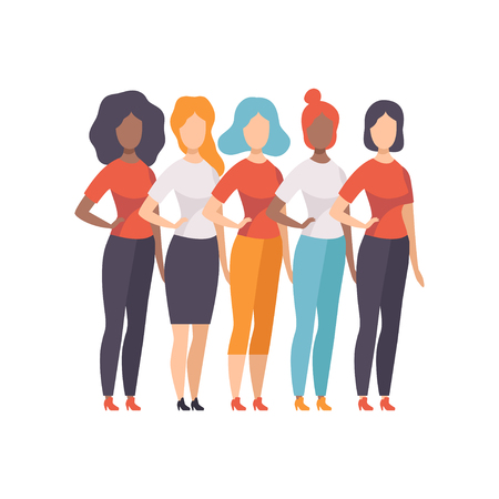 Girls of Different Nationalities and Cultures, Girls Advocating for Gender Equality, Freedom, Civil Rights, Independence Vector Illustration on White Background.のイラスト素材