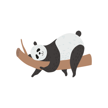 Cute Panda Bear Sleeping on Tree Branch, Happy Lovely Animal Character Vector Illustration on White Background.のイラスト素材