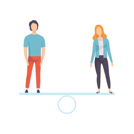 Man and Woman Standing on Scales, Equal Rights of People, Gender Equality in Society Vector Illustrationのイラスト素材