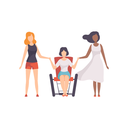 Young Woman of Different Nationalities Holding Hands, Girls Advocating for Equality, Freedom, Civil Rights, Independence Vector Illustration on White Background.のイラスト素材