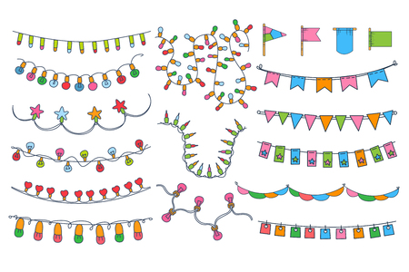 Colorful bunting, party flags, festival, birthday, holiday decoration vector illustrationのイラスト素材