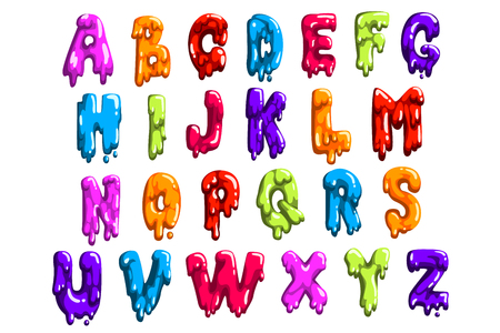 Bright-colored latin alphabet made of sweet jelly or jam. English letters from A to Z. Cartoon vector font for print, poster or cardのイラスト素材
