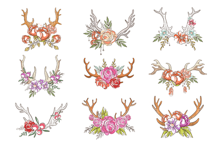 Deer horns with flowers and plants set, hand drawn floral composition with antlers vector Illustrations isolated on a white background.のイラスト素材