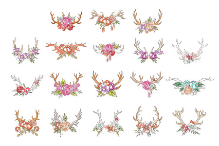 Deer horns with flowers and plants set, hand drawn floral composition with antlers vector Illustrations isolated on a white background.のイラスト素材