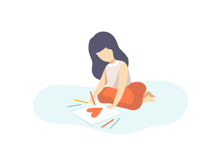 Lovely Girl Sitting on Floor and Drawing Heart with Pencils, Kids Creativity, Education, Development Vector Illustration on White Background.のイラスト素材