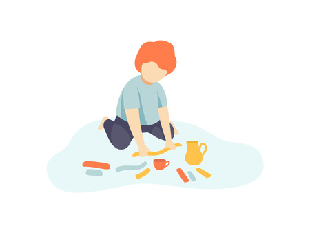 Little Boy Sitting on Floor and Making Figures from Plasticine, Kids Creativity, Education, Development Vector Illustrationのイラスト素材