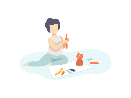 Cute Boy Sitting on Floor and Making Figures from Plasticine, Kids Creativity, Education, Development Vector Illustrationのイラスト素材
