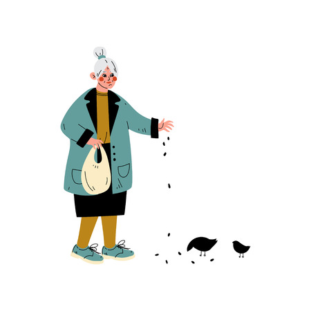 Senior Woman Feeding Birds, Old Lady Daily Activity Vector Illustrationのイラスト素材