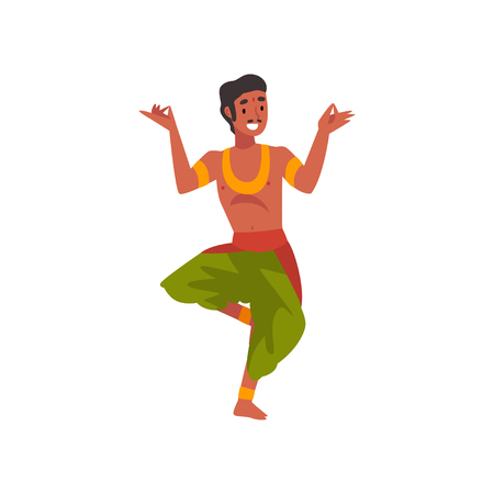 Male Indian Dancer in Traditional Clothes, Smiling Man Performing Folk Dance Vector Illustrationのイラスト素材