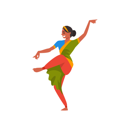 Indian Dancer Character in Green Traditional Clothes, Beautiful Smiling Young Woman Performing Folk Dance Vector Illustrationのイラスト素材