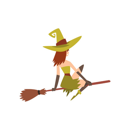 Beautiful Witch Flying on Broom, Charming Witch Character Vector Illustration on White Background.のイラスト素材
