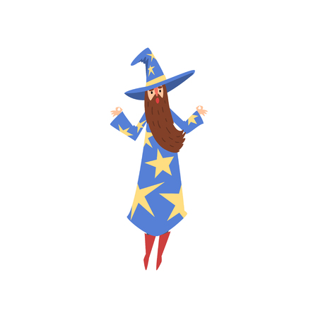 Male Sorcerer, Bearded Wizard Character Wearing Blue Mantle with Stars and Pointed Hat Vector Illustration on White Background.のイラスト素材