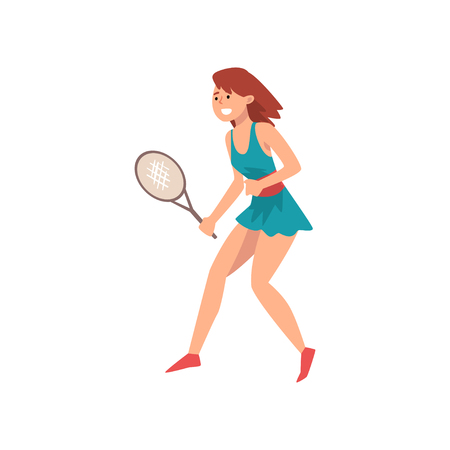 Young Woman Playing Tennis Wearing Sports Uniform, Professional Sports Woman Character in Action Vector Illustration on White Background.のイラスト素材