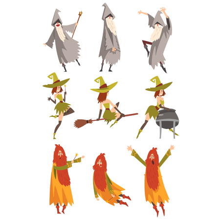 Sorcerers Practicing Wizardry Set, Wizards and Withes Characters in Different Poses Vector Illustration on White Background.のイラスト素材