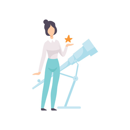 Female Astronomer Character with Telescope Vector Illustration on White Background.のイラスト素材