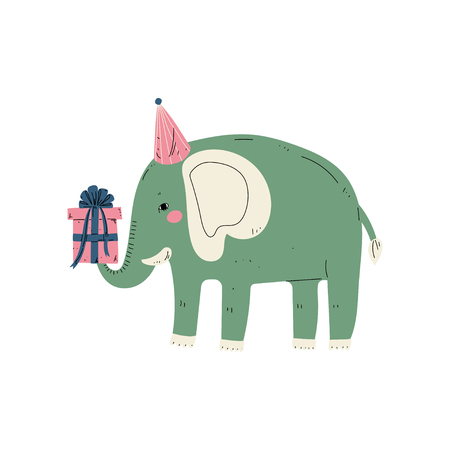 Lovely Elephant Wearing Party Hat with Gift Box,  Cute Animal Character for Happy Birthday Design Vector Illustrationのイラスト素材
