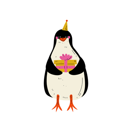 Cute Penguin Wearing Party Hat Standing with Gift Box, Animal Character for Happy Birthday Design Vector Illustration on White Background.のイラスト素材