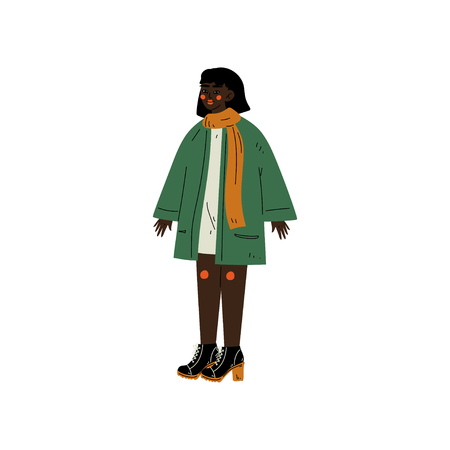 African American Woman Wearing Casual Clothes, Female Character Loving Her Body, Self Acceptance, Beauty Diversity, Body Positive Vector Illustration on White Background.のイラスト素材