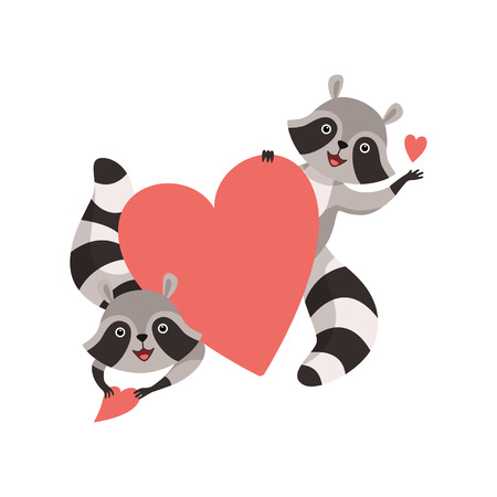 Cute Little Raccoons Holding Big Red Heart, Funny Humanized Grey Coon Animal Character Vector Illustration on White Background.のイラスト素材