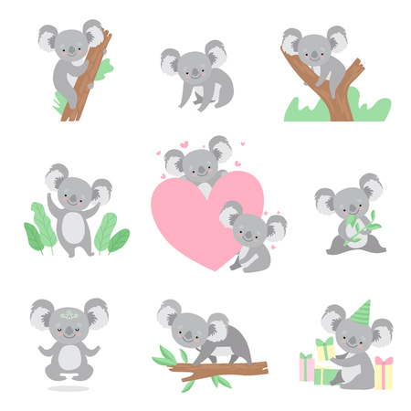 Collection of Cute Coala Bear Animals Cartoon Characters in Different Situations Vector Illustration on White Background.のイラスト素材