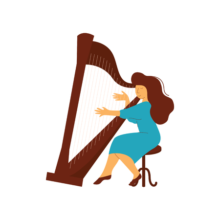 Female Musician Playing Harp Classical Musical Instrument Vector Illustration on White Background.のイラスト素材