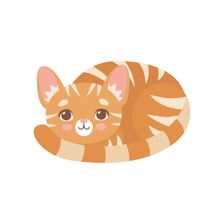 Striped Funny Red Cat Lying Curled Up, Cute Kitten Animal Pet Character Vector Illustration on White Background.のイラスト素材