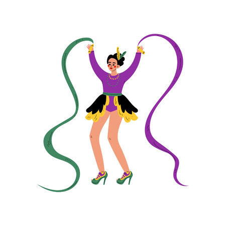 Beautiful Woman in Bright Mardi Gras Costume Celebrating Carnival Party, Girl Dansing with Ribbons Vector Illustration on White Background.のイラスト素材