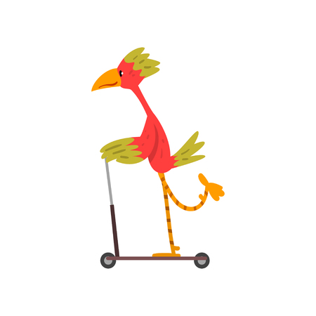 Colorful Bird Riding Kick Scooter, Funny Bird Character Using Vehicle Vector Illustration on White Background.のイラスト素材