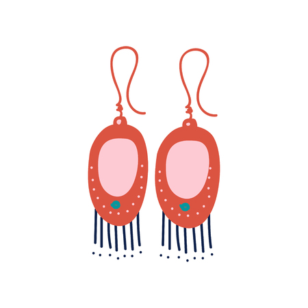 Red Earrings with Gemstones, Fashion Jewelry Accessories with Tassels Vector Illustration on White Background.のイラスト素材