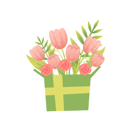 Bouquet of Pink Flowers in Box, Hello Spring Floral Design Template Vector Illustration on White Background.のイラスト素材