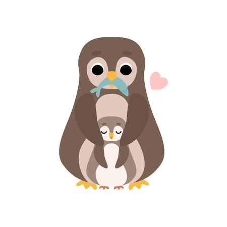Mother Penguin and Its Baby, Cute Birds Family Vector Illustration on White Background.のイラスト素材